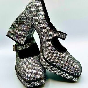 GB Gianni Bini Heels Size 7M Sparkle Multi Silver Metallic Block Mary Jane Shoes